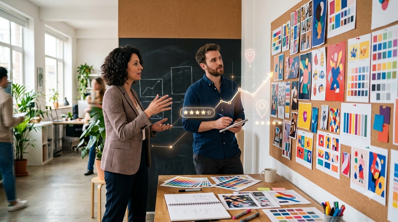 Advertising team reviewing campaign creatives on a large studio screen