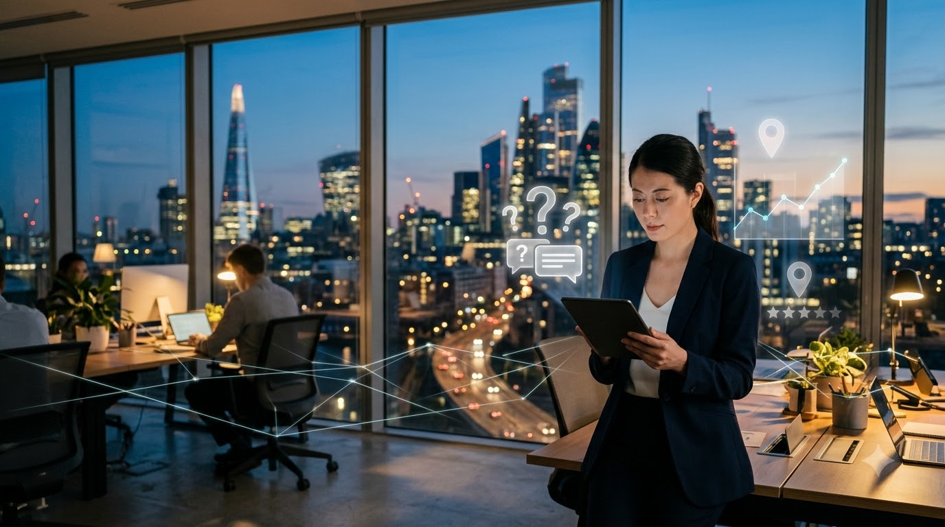 Strategist in a London office reviewing AI answer cards on a tablet