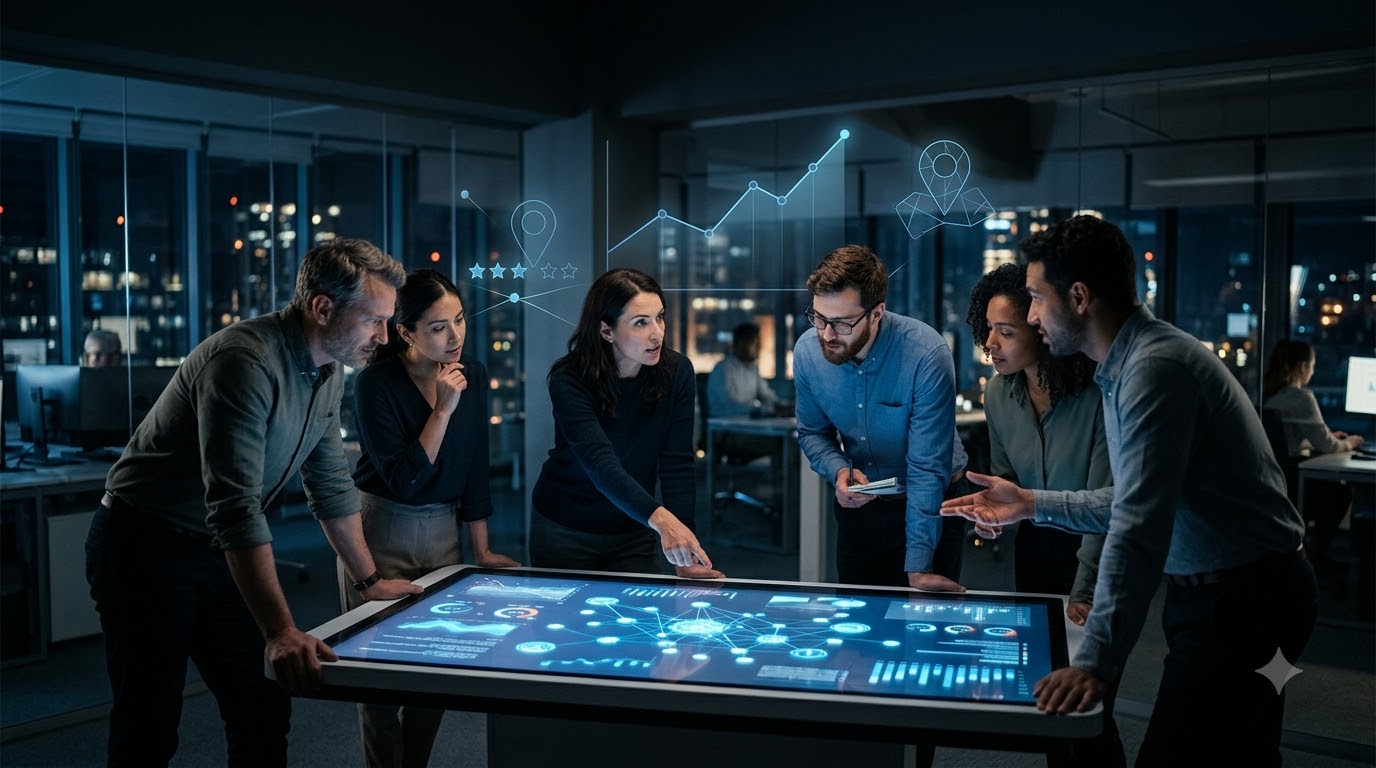 Marketing team planning AI search campaigns around a glowing touchscreen table