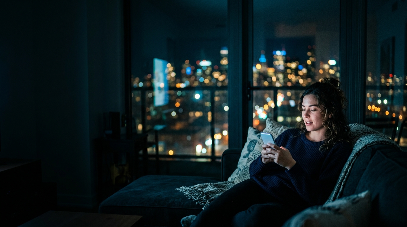 Person asking an AI assistant a question on their phone at night