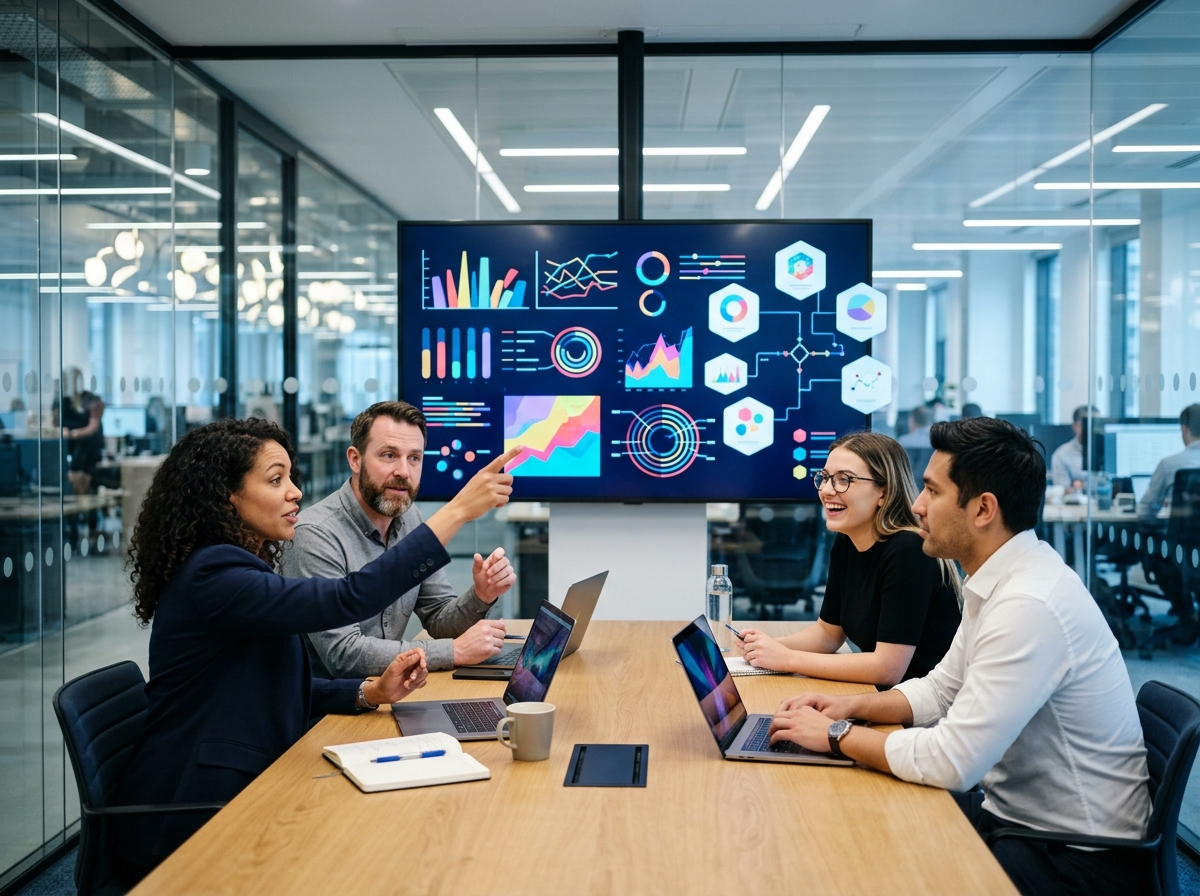 Marketing team planning campaigns around live dashboards