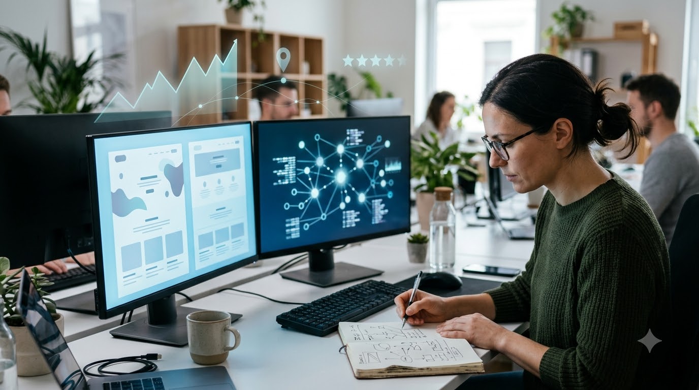 Specialist optimizing website content for AI search on dual monitors