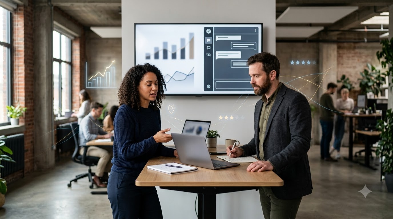 Two strategists planning a website at a standing desk with a large screen behind them