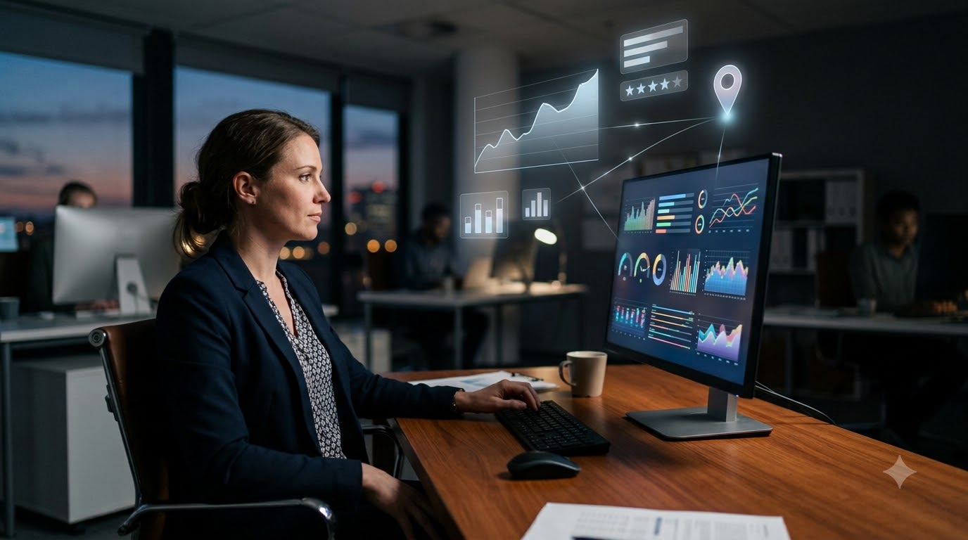 Analyst tracking brand visibility across AI assistants on a dashboard