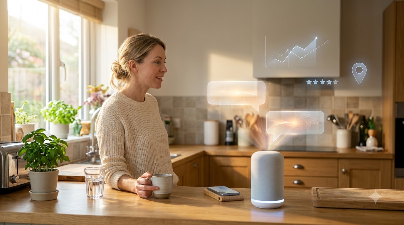 Woman asking a smart speaker a question in her kitchen