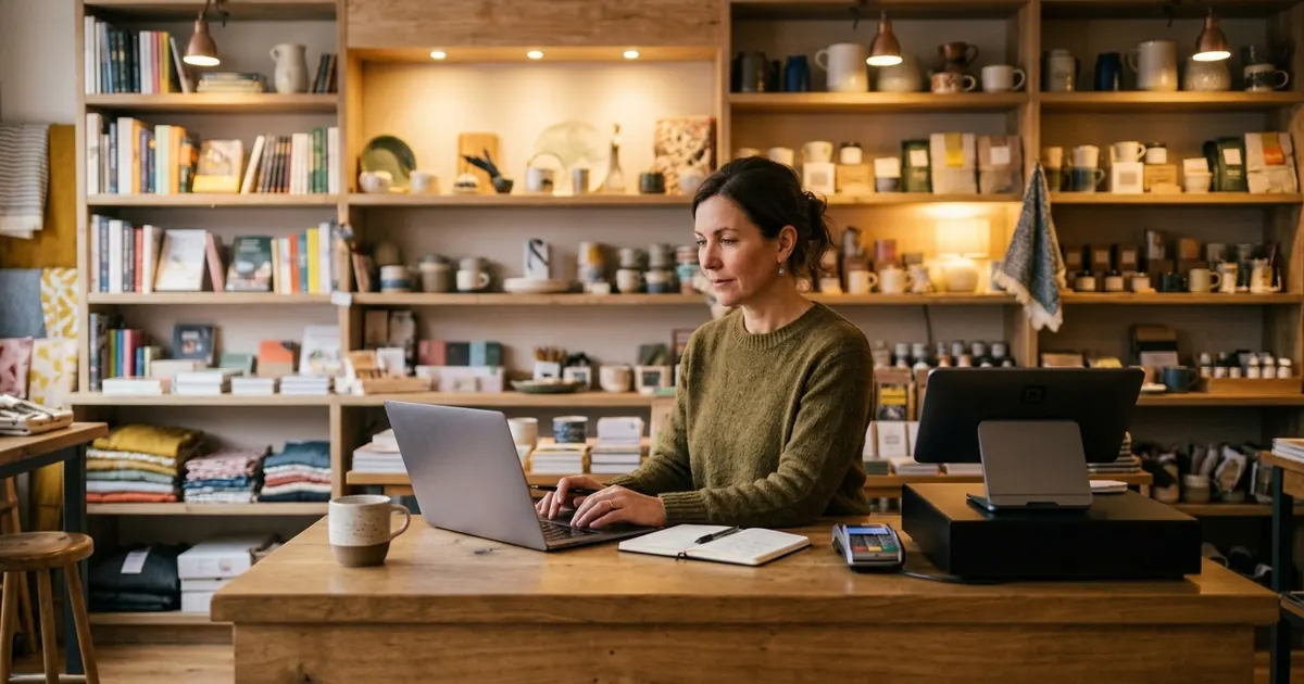 Independent shop owner managing her online store on a laptop behind the counter