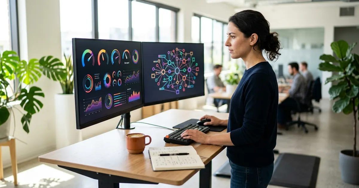 Woman working at a standing desk with dashboards on two monitors