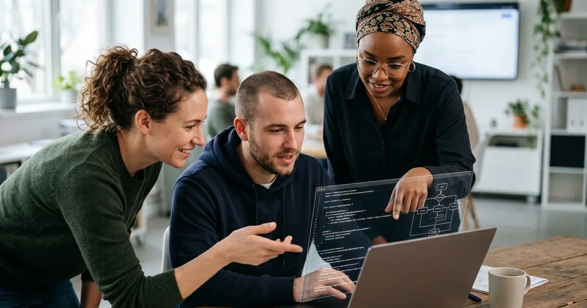 Three colleagues gathered around a laptop reviewing a post together
