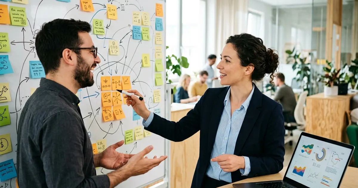Two marketers planning content on a wall of sticky notes and a mind map