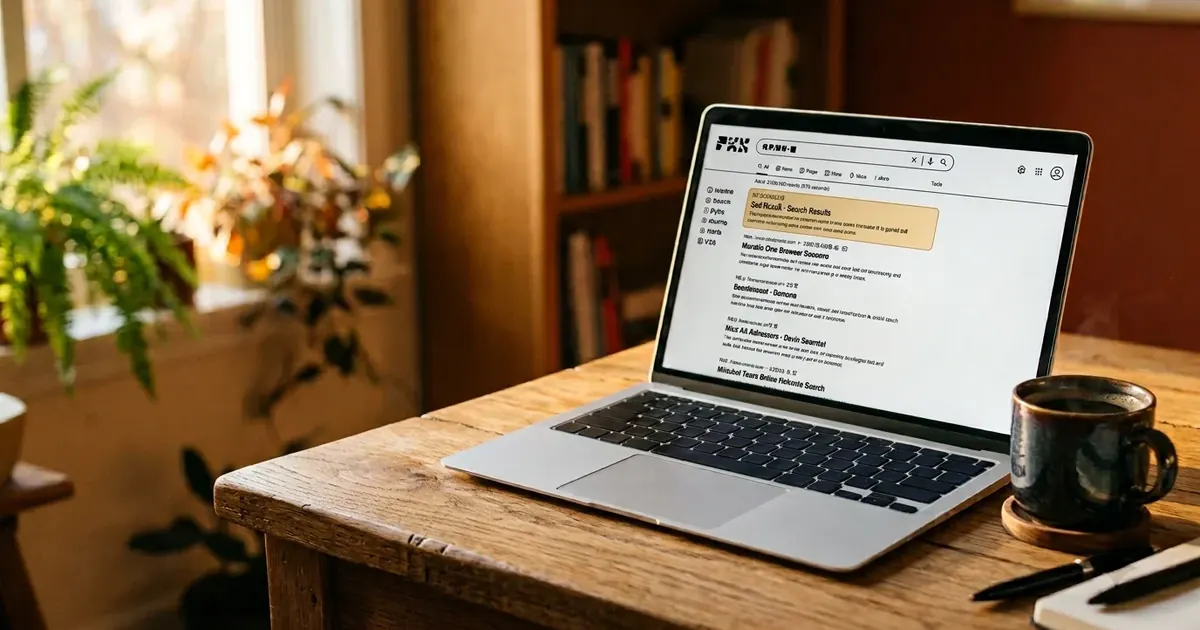 Laptop showing an email inbox on a wooden desk beside a mug