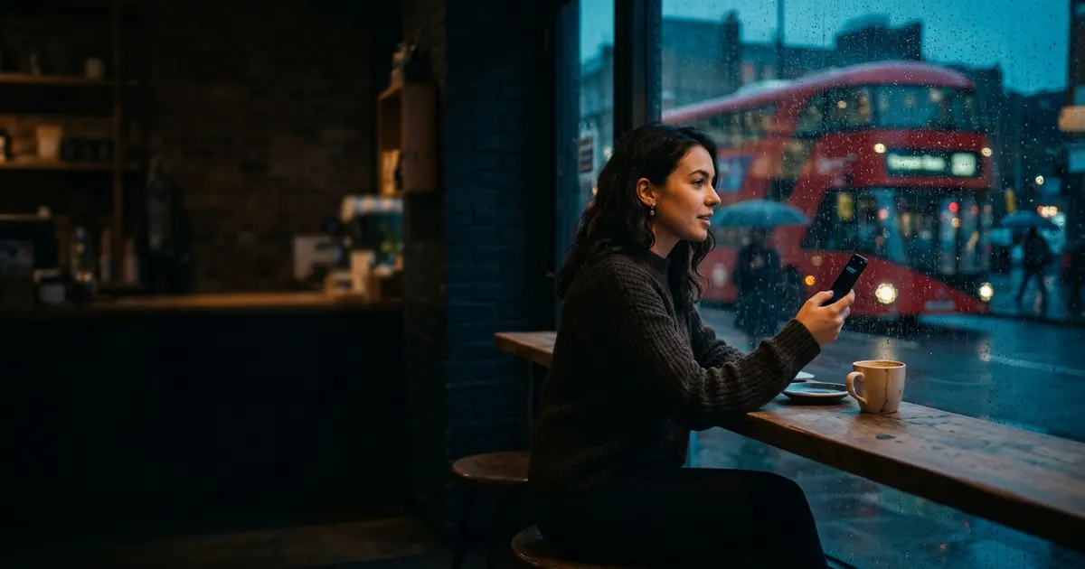 Woman checking answers on her phone in a café on a rainy evening