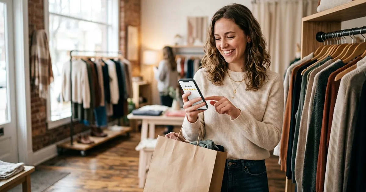Smiling woman taking a photo with her phone in a clothing boutique