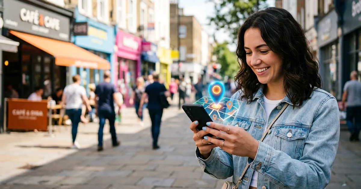 Smiling woman searching for local businesses on her phone on a busy high street