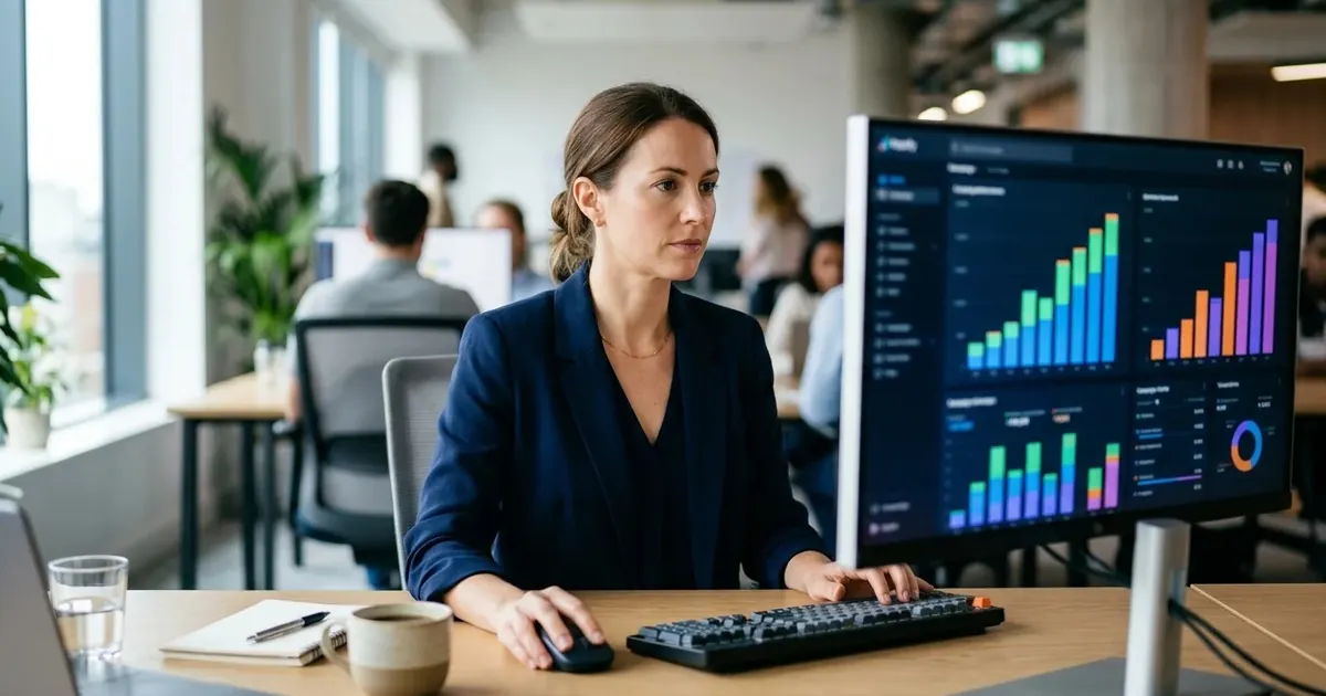 Analyst reviewing marketing performance charts on a large monitor