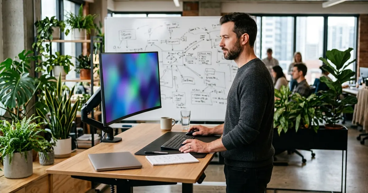 SaaS marketer at a whiteboard covered in diagrams beside a monitor