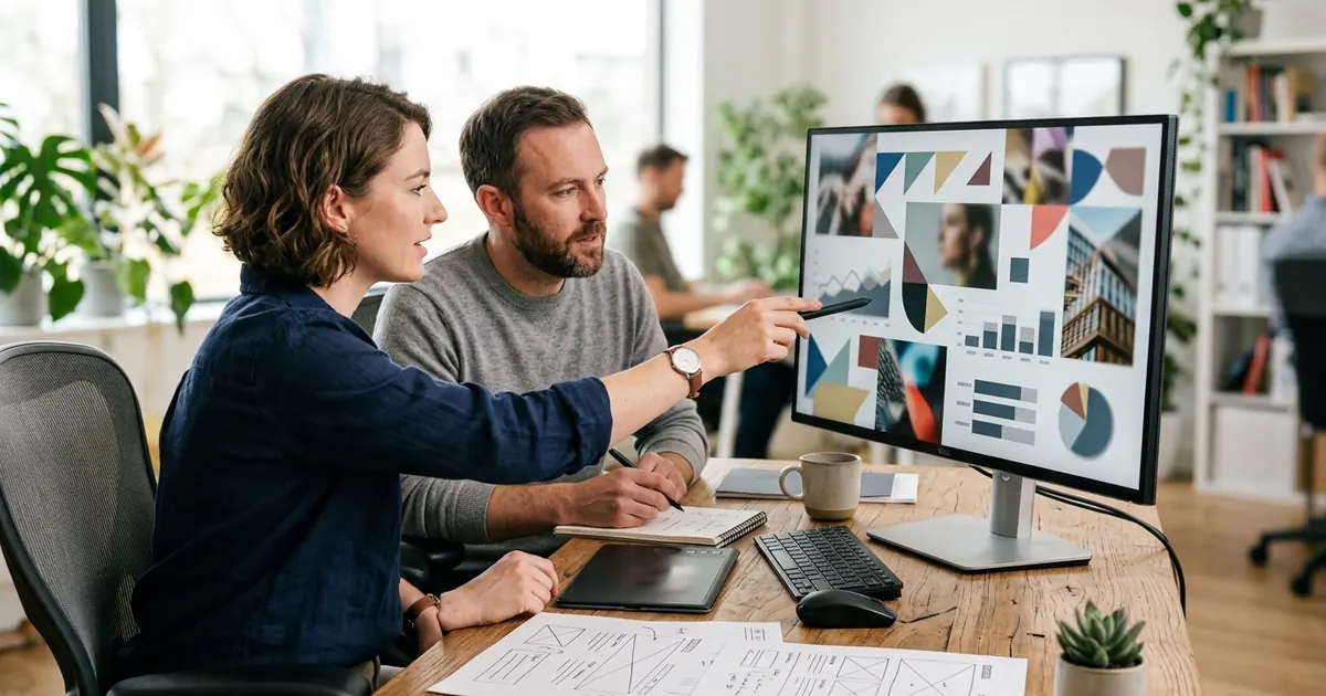 Two colleagues reviewing a web page layout on a desktop monitor