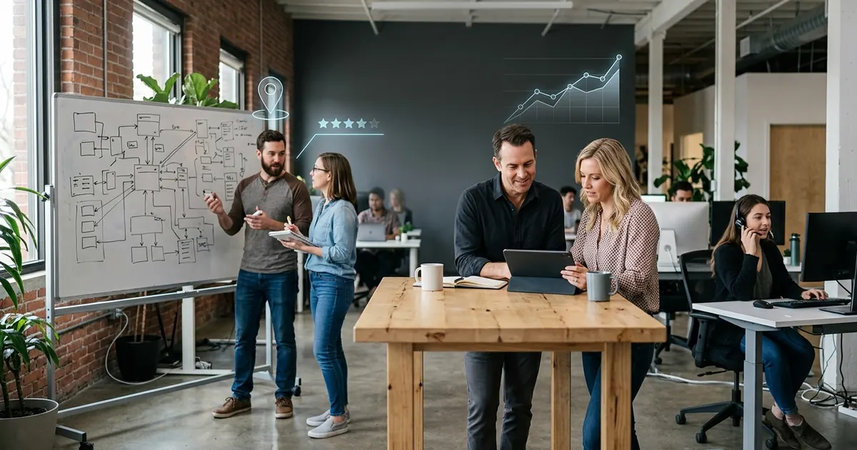 Small founding team working around a desk and whiteboard in a start-up office