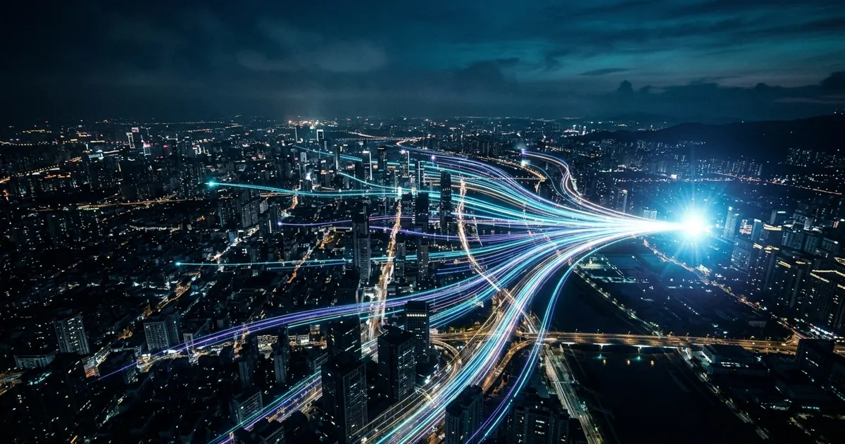 Aerial view of a city at night with streams of light flowing through it