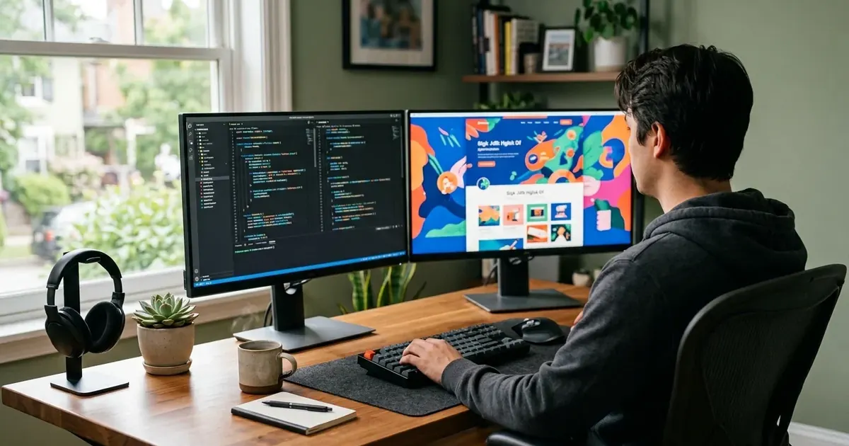 Web developer working on code and a website design across two monitors