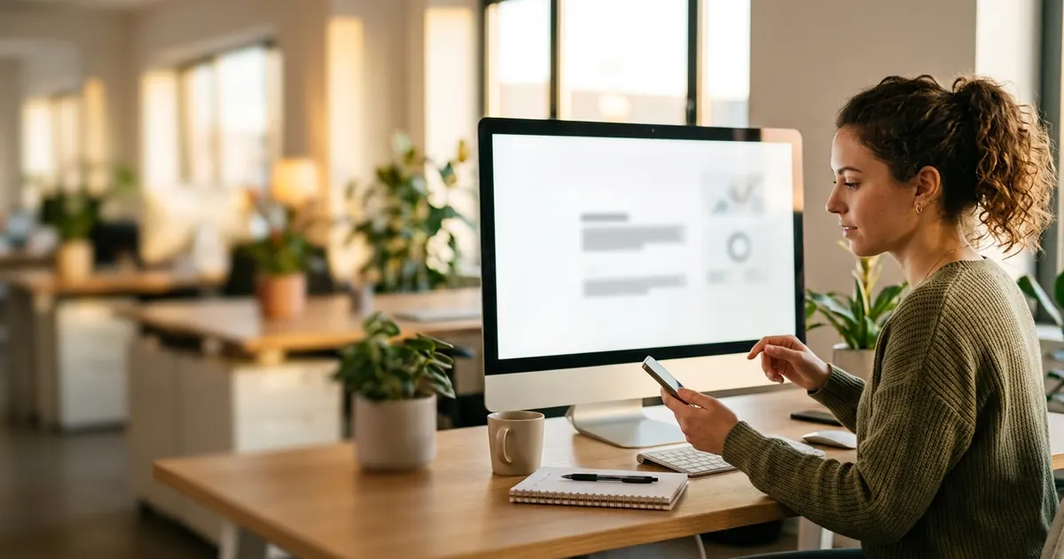 Woman checking her phone beside a desktop showing a social feed in a sunny studio