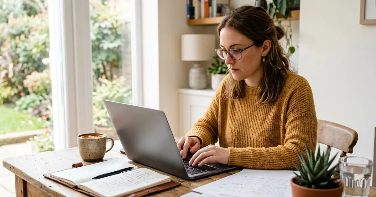 Writer drafting a video script on a laptop at a sunlit desk