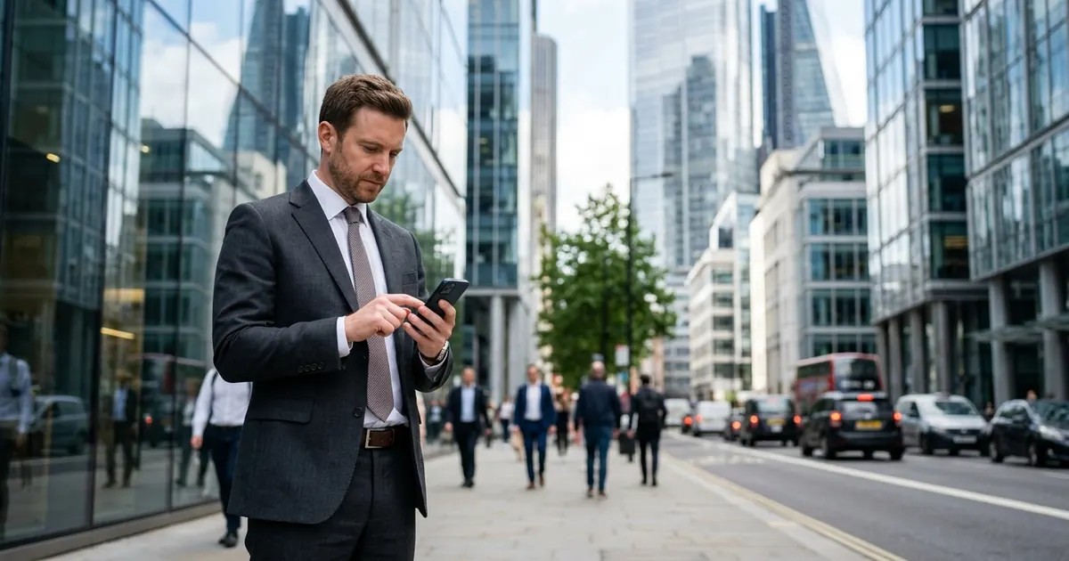 Business leader in a suit checking his phone on a city street lined with office towers