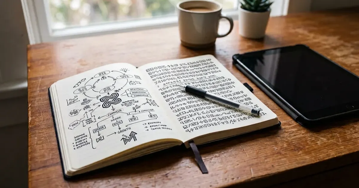 Open notebook with a hand-drawn mind map of ideas next to a tablet and coffee