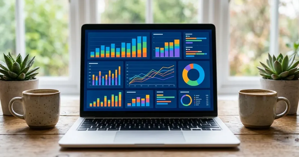 Laptop displaying social media analytics charts on a wooden table