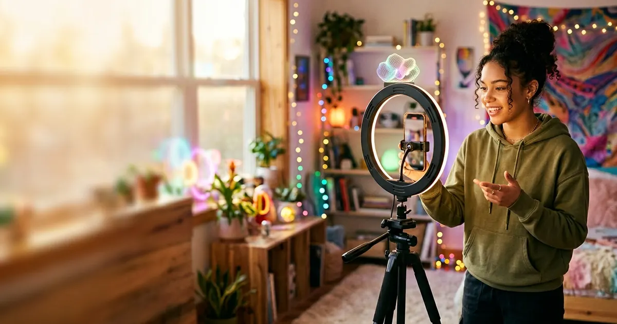 Creator filming a short video with a phone on a ring light in a colourful room