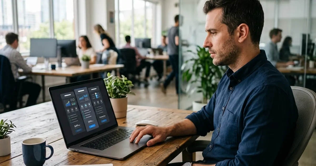 Small business owner working on a website dashboard on a laptop