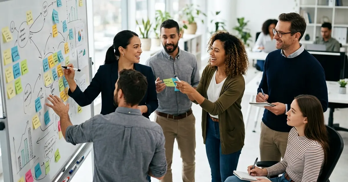 Marketing team planning work on a whiteboard covered in sticky notes