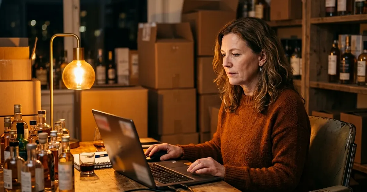 Online drinks retailer reviewing website content on a laptop among bottle stock