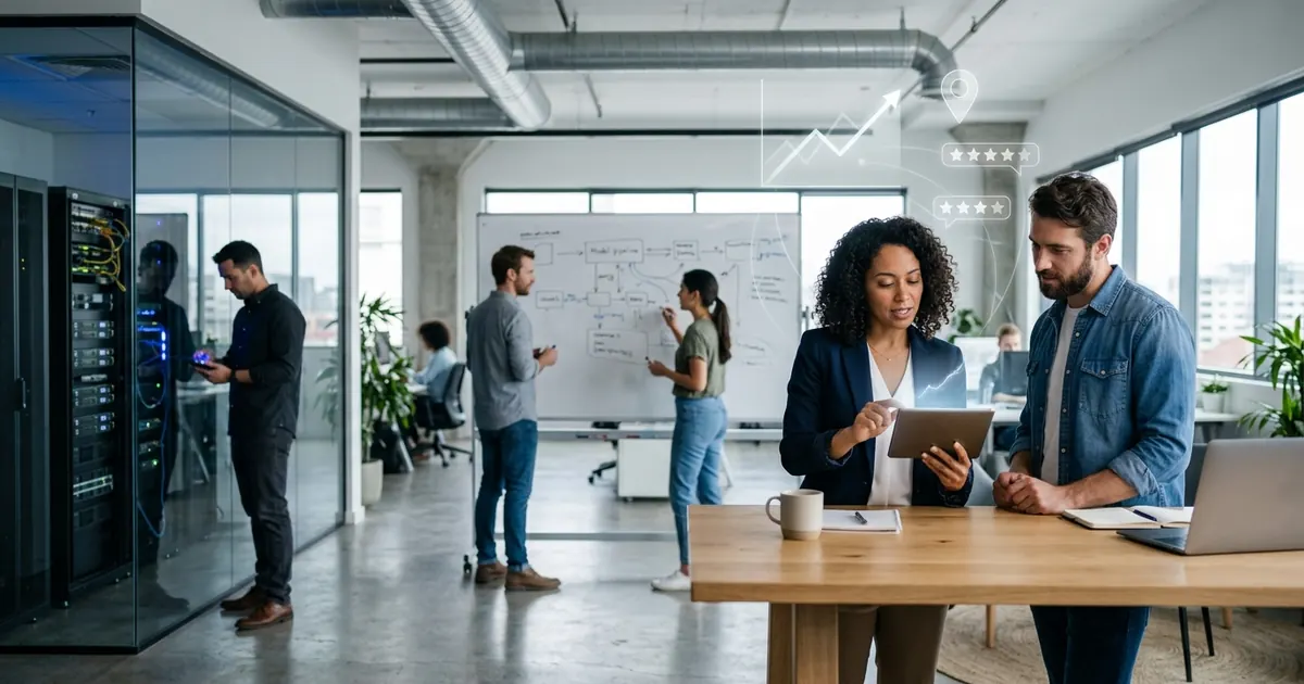 Technology team working at desks and a whiteboard in an open-plan office
