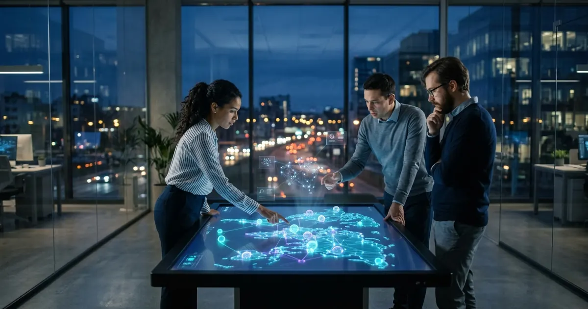 Team analysing market data on an interactive table overlooking a city at night