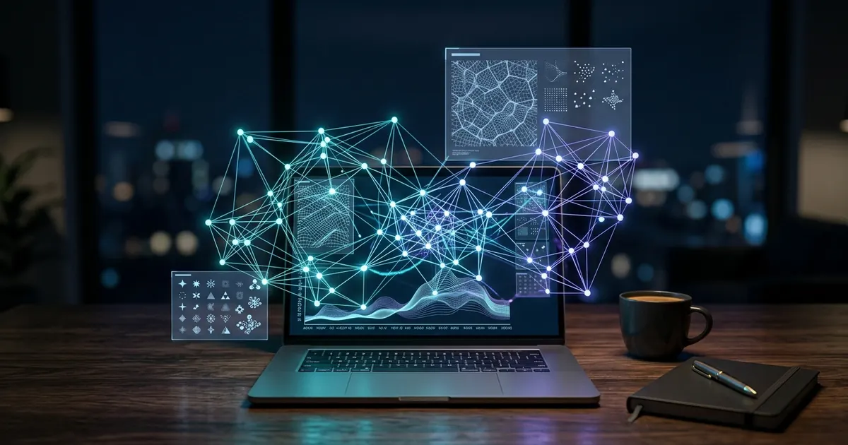 Laptop on a desk at night with a glowing network of connected nodes above the screen