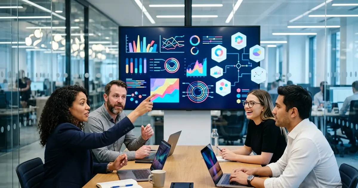 Marketing team in a bright office discussing performance charts on a large screen