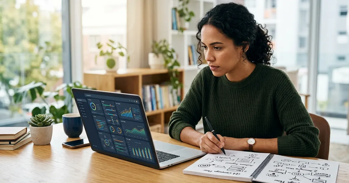 Small business owner reviewing marketing dashboards on a laptop while taking notes