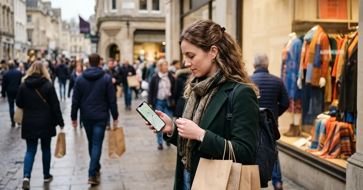 Shopper with bags checking a deal on her phone on a busy high street