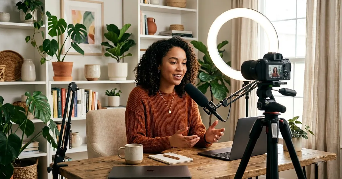 Creator recording a YouTube video at a desk with a camera, ring light and microphone