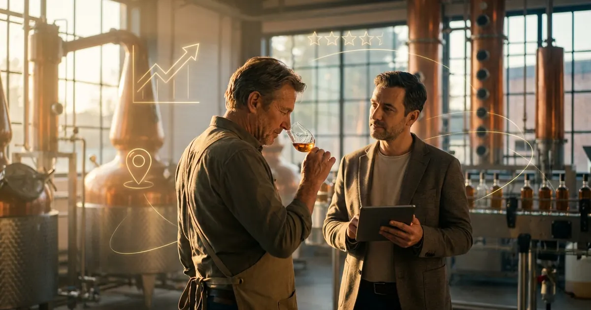 Distillery team reviewing brand data on a tablet beside copper stills