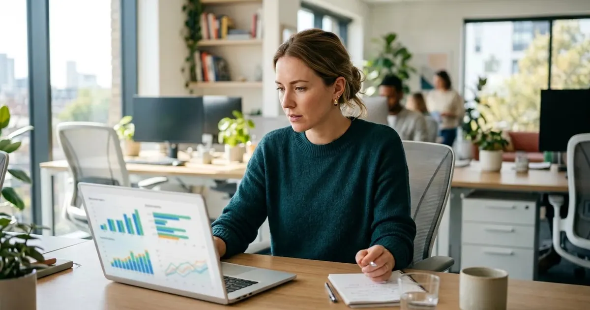 Content marketer analysing charts on a laptop in a bright office