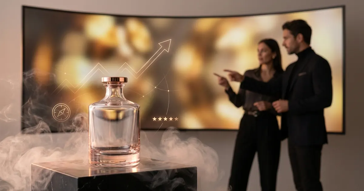 Marketing team presenting a premium spirits bottle campaign on a large screen