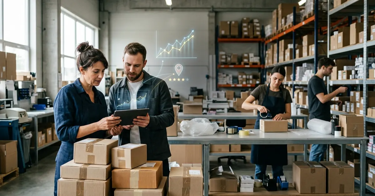 Ecommerce team checking orders on a tablet in a warehouse stacked with parcels