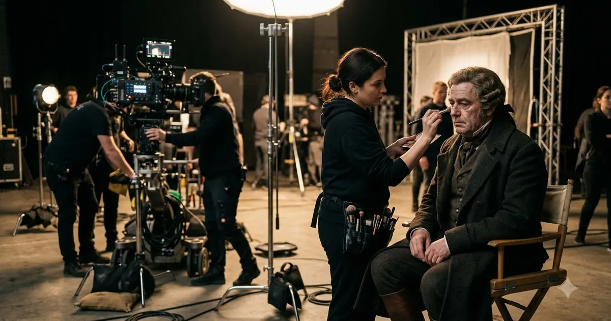 Actor in costume on a film set surrounded by cameras and crew