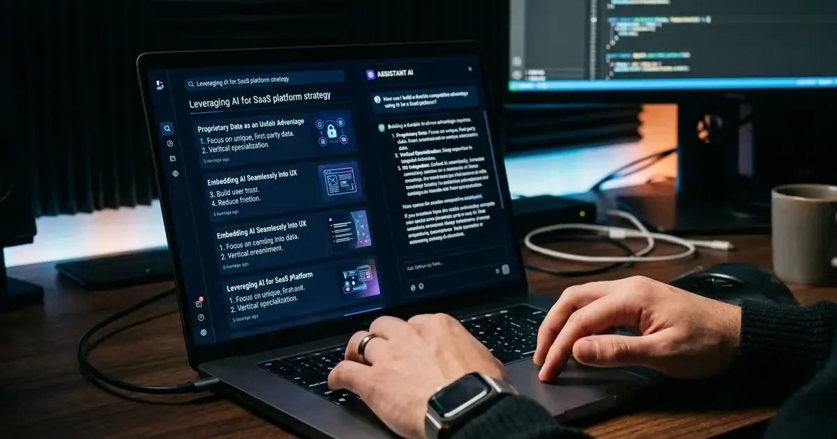 Hands typing on a laptop showing an AI search strategy document in a dark office