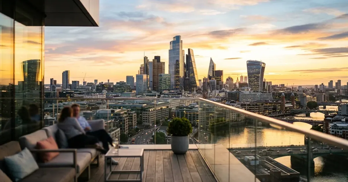 London skyline at sunset seen from a rooftop terrace