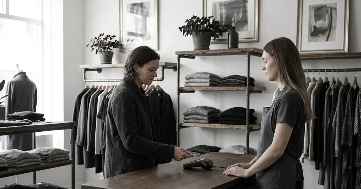 Shop assistant serving a customer at the till of a local clothing boutique during a busy season