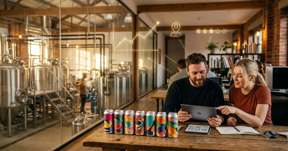 Craft beer brand team reviewing product insights on a tablet next to their cans