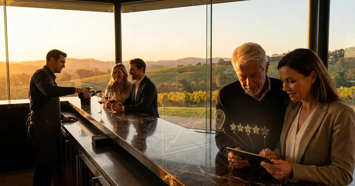 Couple reading wine reviews on a tablet at a tasting bar overlooking vineyards