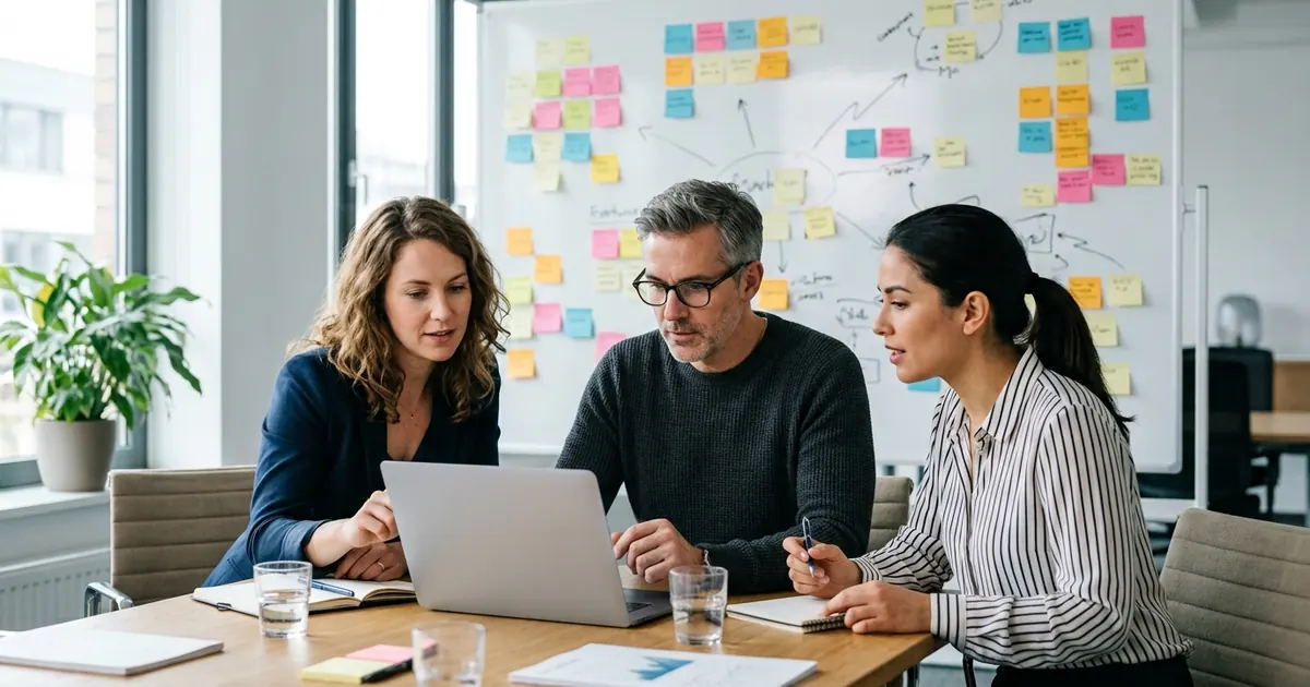 Marketing team planning an advertising campaign at a laptop in front of a whiteboard covered in sticky notes